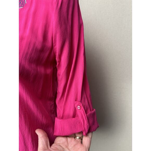 Est 1946 Boho Women’s Blouse Sz Small Cottage Core Pink Rayon Lace Up Neck - Picture 4 of 12